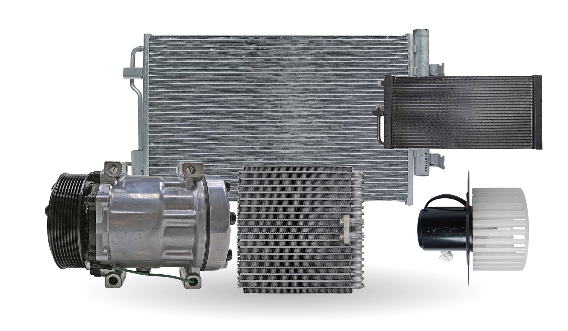 Peças para ar-condicionado automotivo: compressor, condensadores, evaporador e ventilador